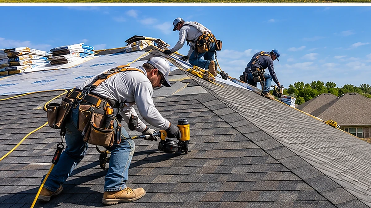 Roofing crew installing asphalt shingles on a residential roof